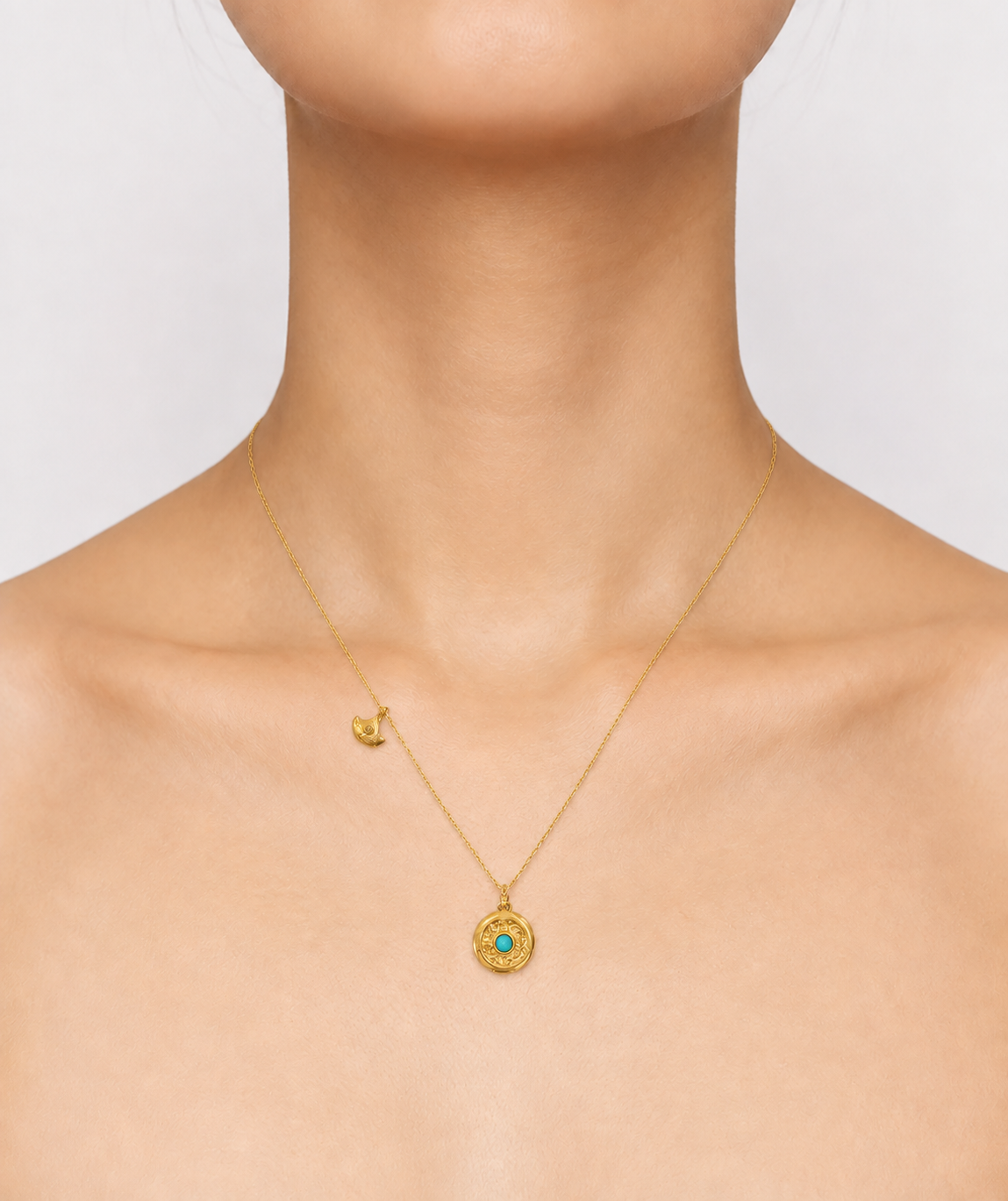 ターコイズ サークル ネックレス（ターコイズチャーム・扇型ポイント）　hue Turquoise Round Necklace